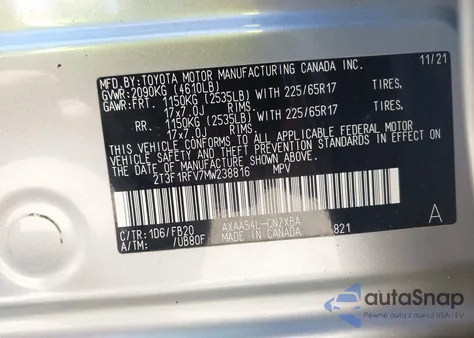 2021 Toyota Rav4 Le z USA, uszkodzony, nr VIN 2T3F1RFV7MW238816